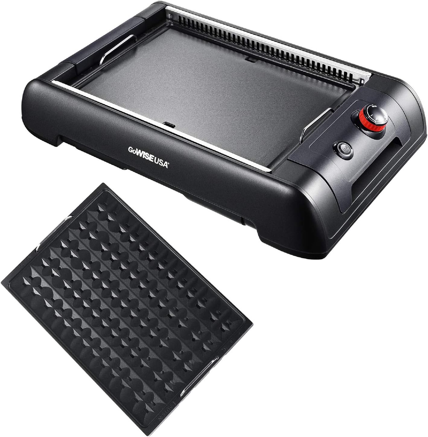 GoWISE USA GW88000 2-in-1 Smokeless Indoor Grill & Griddle with Interchangeable Plates & Drip Pan - Black - Large - Includes 20 Recipes