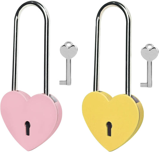 Gradleen 3.5 Inches Heart Lock with Key, Pink and Yellow 50mm Love Padlock Matte Metal Love Lock for Lovelock Bridge, Jewelry Box, Card Box