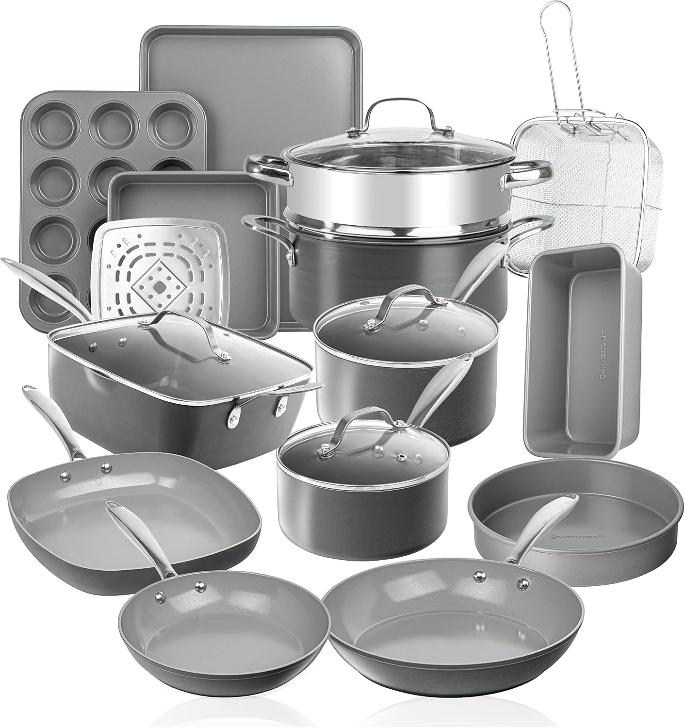 Granitestone Pro 20-Piece Nonstick Cookware Set - Hard Anodized, Durable, Toxin-Free, Dishwasher Safe