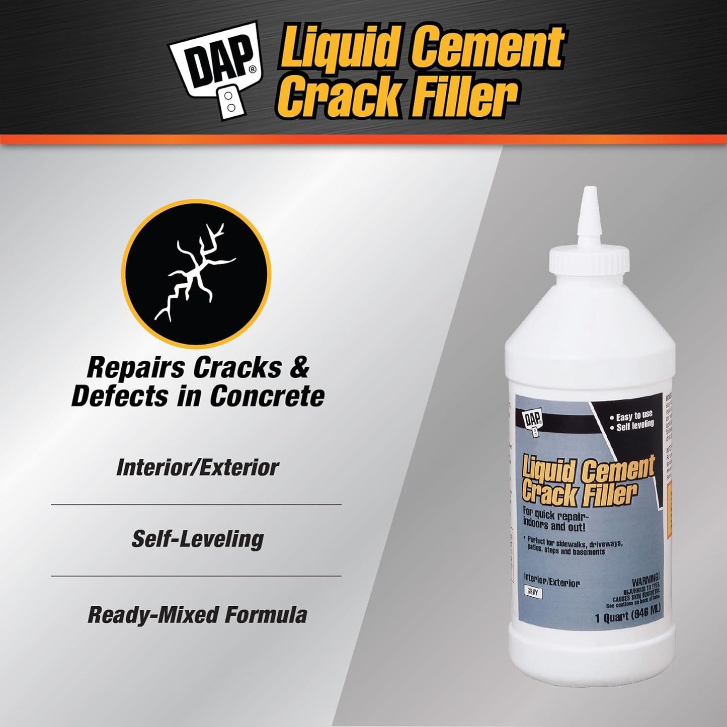 Gray Concrete Repair Kit: Liquid Cement Crack Filler & Concrete Patch - 1 Quart + 5.5 Oz