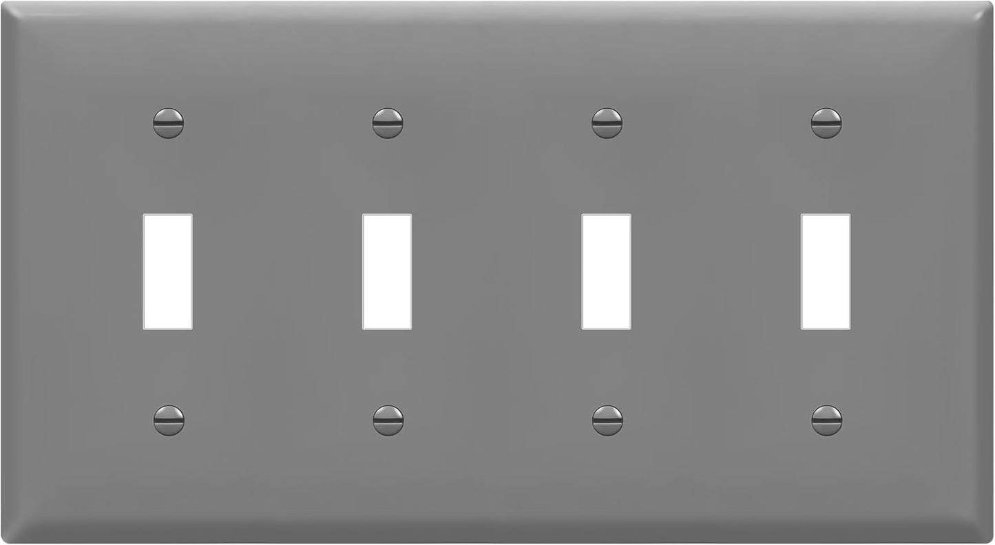 Gray Quad Toggle Light Switch Wall Plate - 4-Gang Standard Size 4.50" x 8.19" Unbreakable Polycarbonate Thermoplastic by ENERLITES