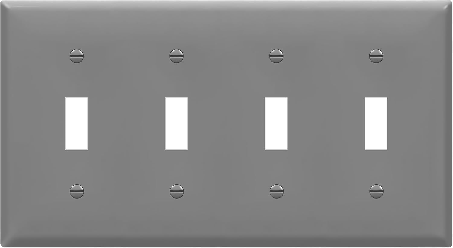 Gray Quad Toggle Light Switch Wall Plate - 4-Gang Standard Size 4.50" x 8.19" Unbreakable Polycarbonate Thermoplastic by ENERLITES