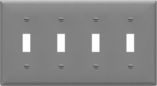 Gray Quad Toggle Light Switch Wall Plate - 4-Gang Standard Size 4.50" x 8.19" Unbreakable Polycarbonate Thermoplastic by ENERLITES