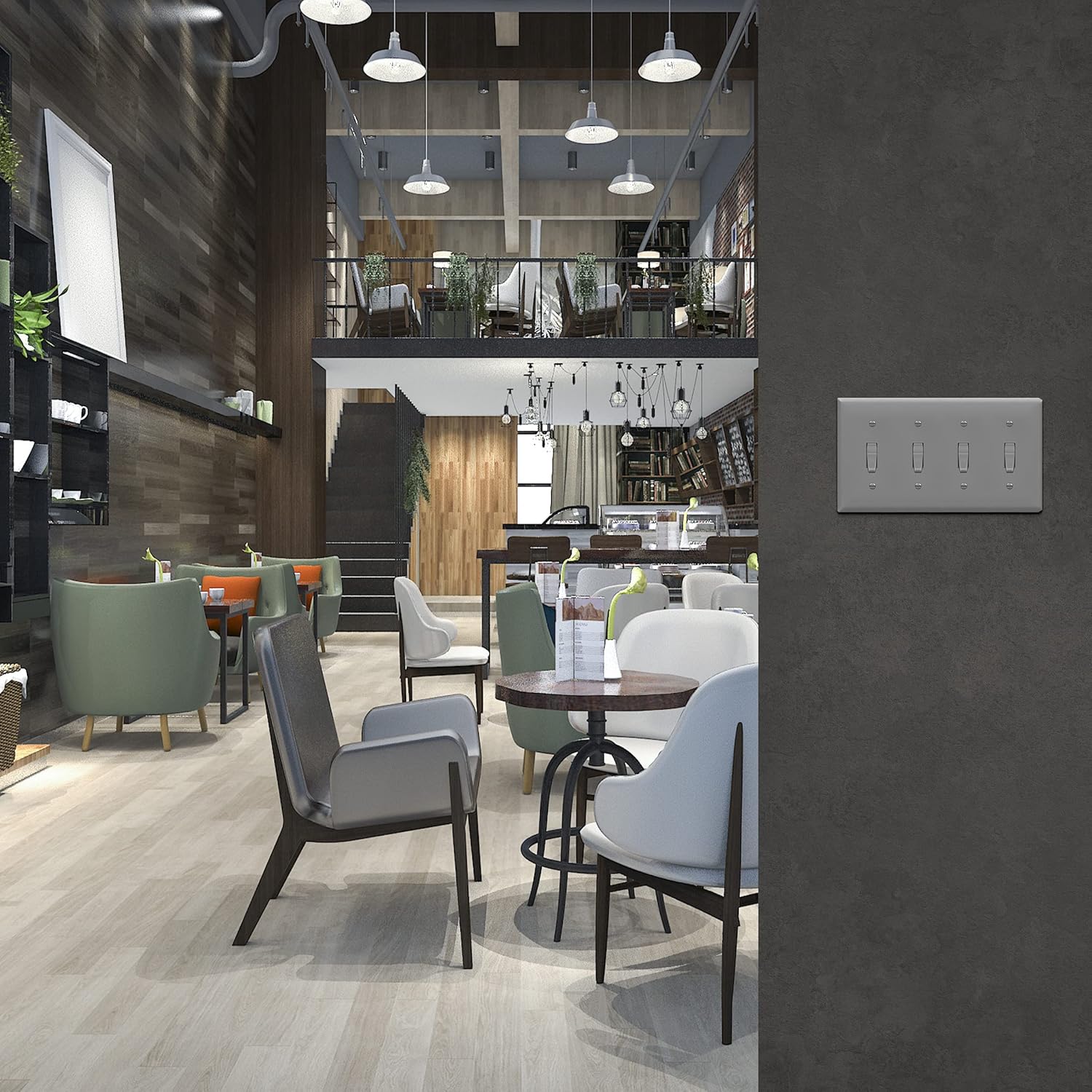 Gray Quad Toggle Light Switch Wall Plate - 4-Gang Standard Size 4.50" x 8.19" Unbreakable Polycarbonate Thermoplastic by ENERLITES