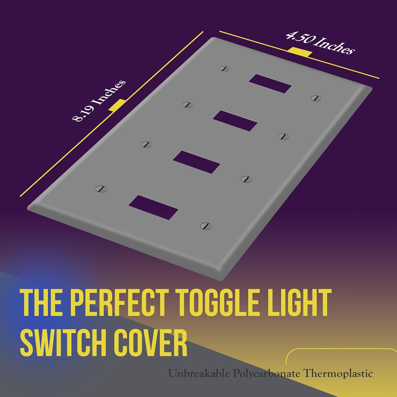 Gray Quad Toggle Light Switch Wall Plate - 4-Gang Standard Size 4.50" x 8.19" Unbreakable Polycarbonate Thermoplastic by ENERLITES