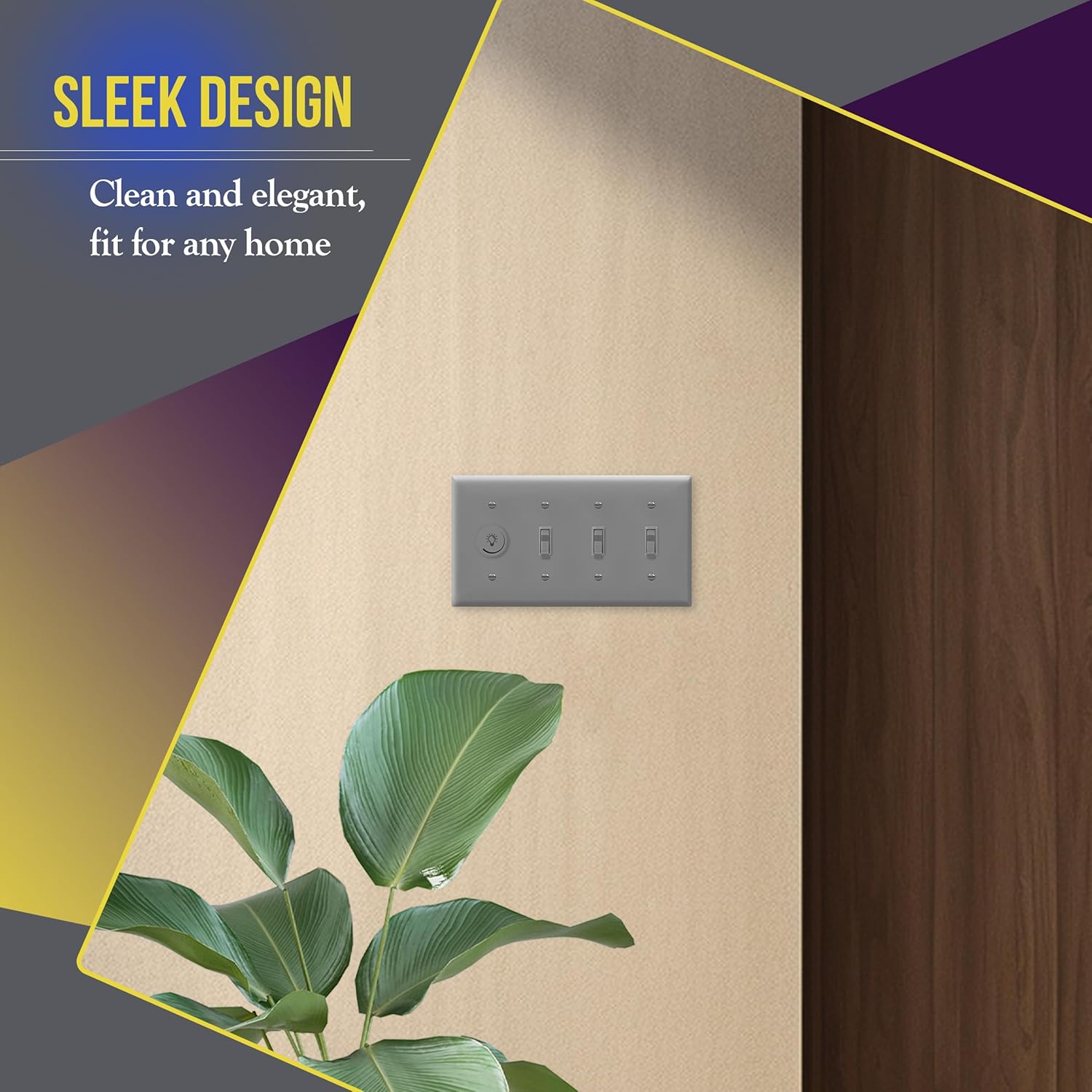 Gray Quad Toggle Light Switch Wall Plate - 4-Gang Standard Size 4.50" x 8.19" Unbreakable Polycarbonate Thermoplastic by ENERLITES