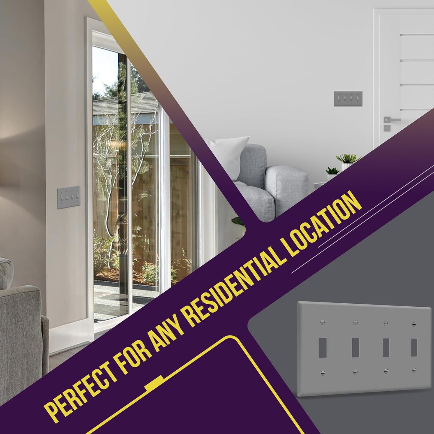 Gray Quad Toggle Light Switch Wall Plate - 4-Gang Standard Size 4.50" x 8.19" Unbreakable Polycarbonate Thermoplastic by ENERLITES