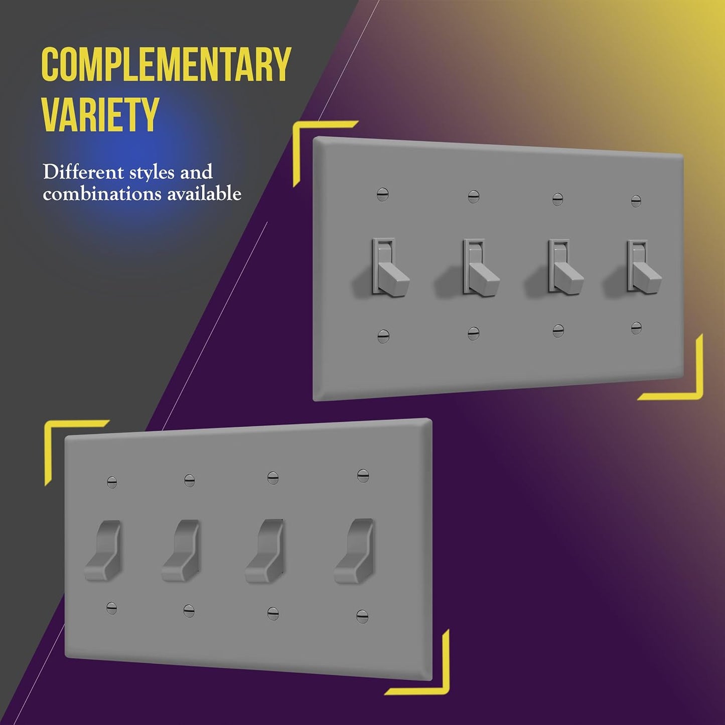 Gray Quad Toggle Light Switch Wall Plate - 4-Gang Standard Size 4.50" x 8.19" Unbreakable Polycarbonate Thermoplastic by ENERLITES