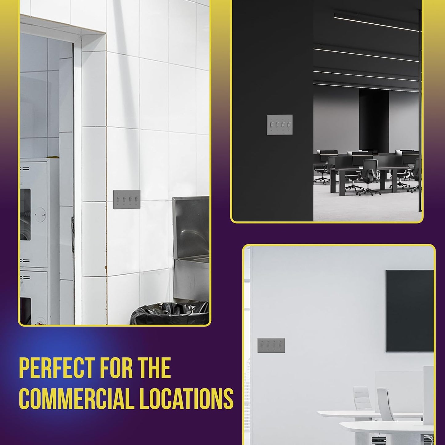 Gray Quad Toggle Light Switch Wall Plate - 4-Gang Standard Size 4.50" x 8.19" Unbreakable Polycarbonate Thermoplastic by ENERLITES