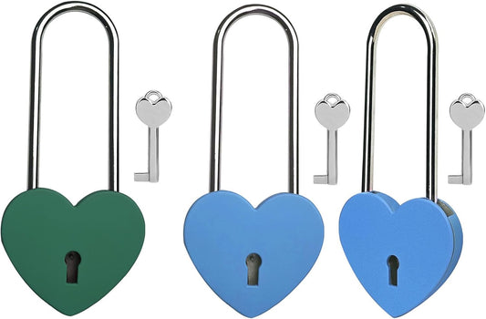 Green and Blue Heart Lock with Key - 3.5 Inches Love Padlock for Lovelock Bridge, Jewelry Box, Diary Book
