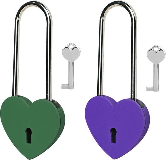 Green and Purple 3.5" Heart Lock with Key - Matte Metal Love Lock for Lovelock Bridge, Jewelry Box, Diary - 50mm Love Padlock
