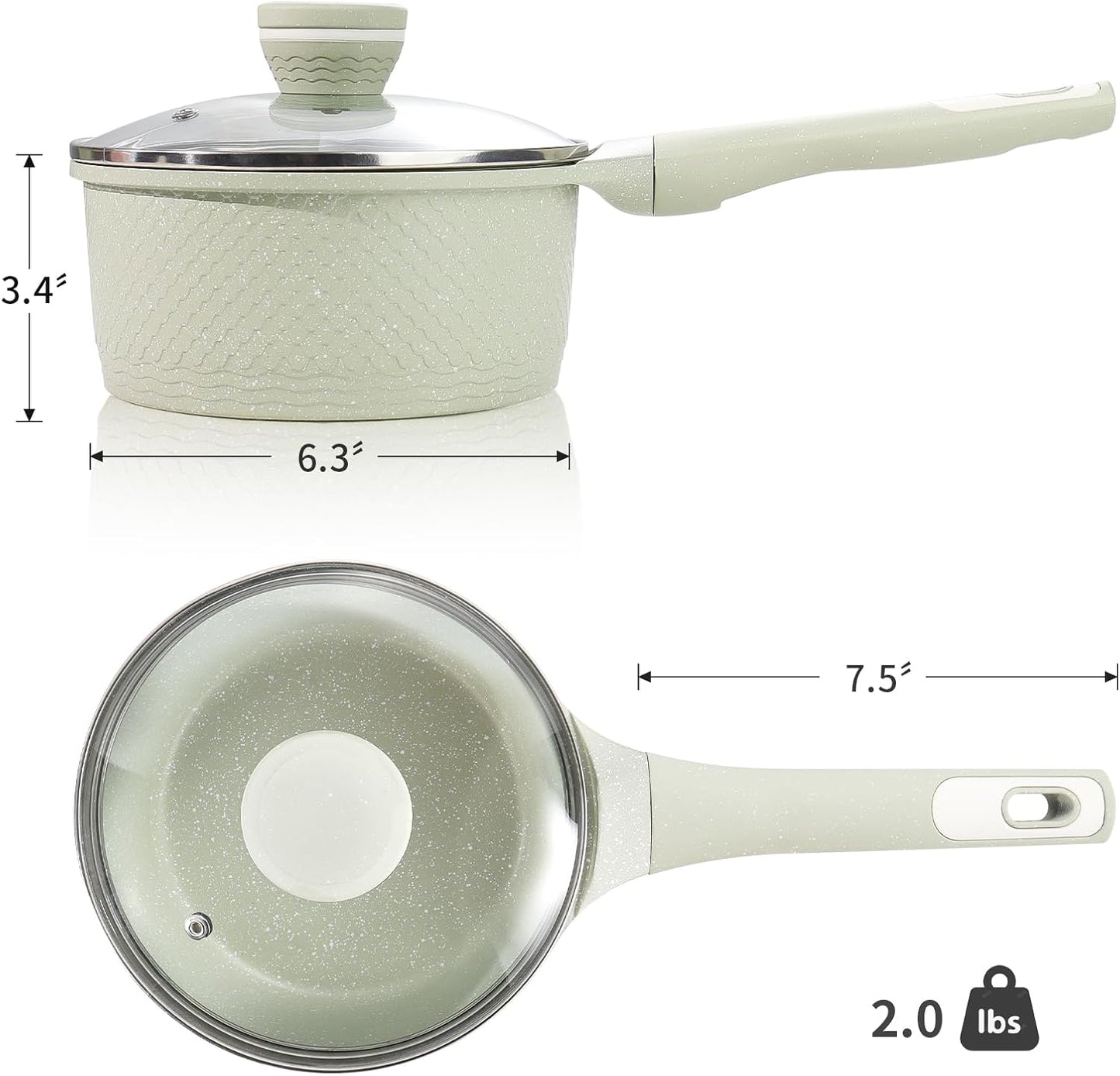 Green Granite Non-Stick 1.5Qt Sauce Pan with Lid - Induction Cookware for Cooking - PFOA PFAS Free