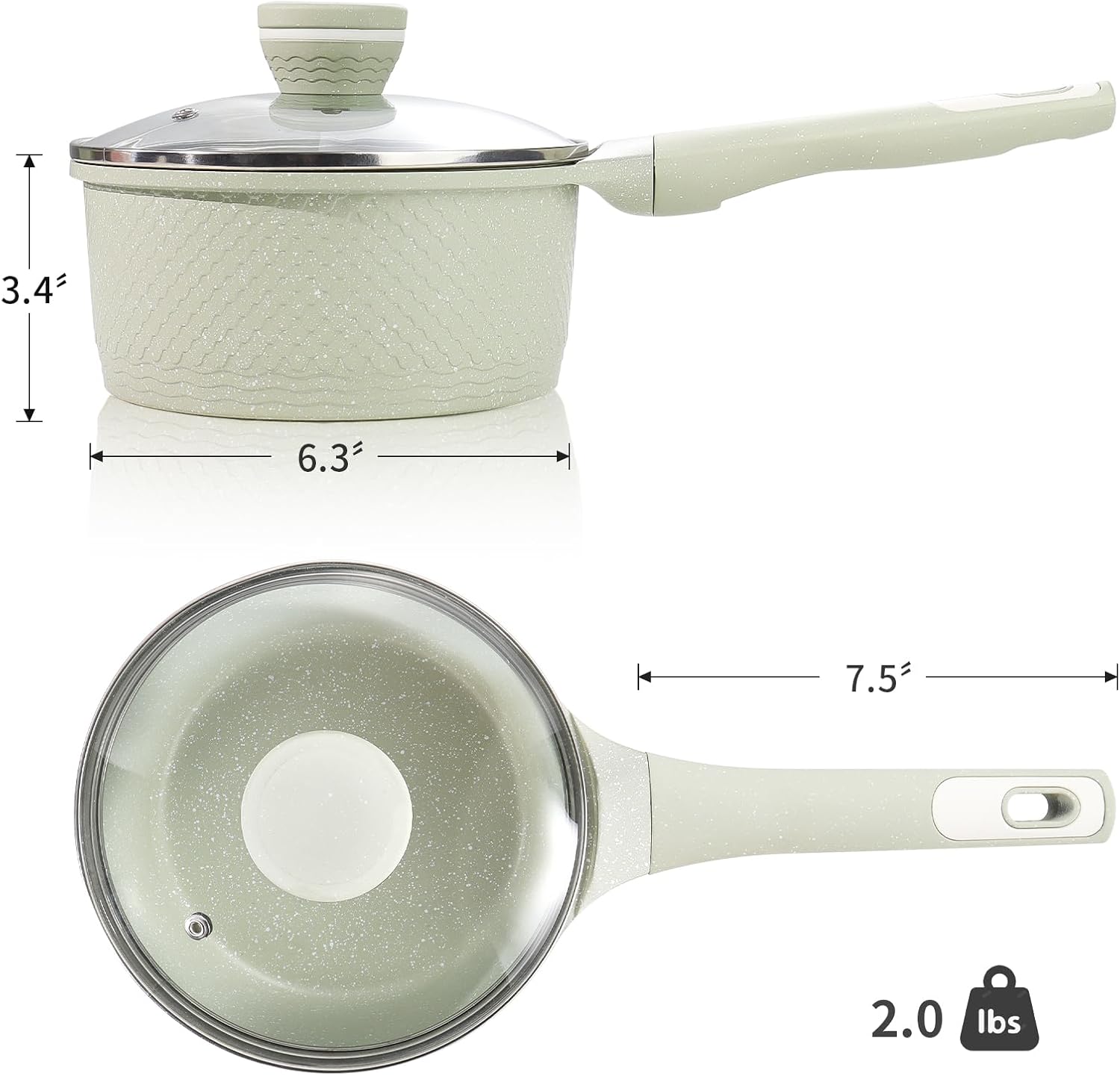 Green Granite Non-Stick 1.5Qt Sauce Pan with Lid - Induction Cookware for Cooking - PFOA PFAS Free