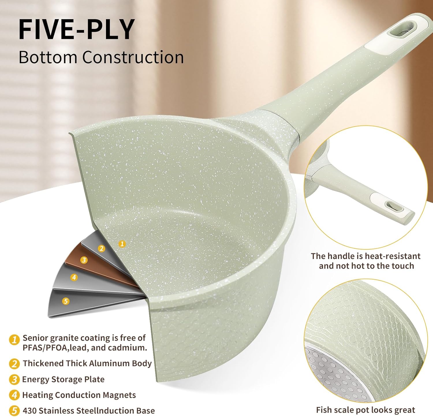 Green Granite Non-Stick 1.5Qt Sauce Pan with Lid - Induction Cookware for Cooking - PFOA PFAS Free