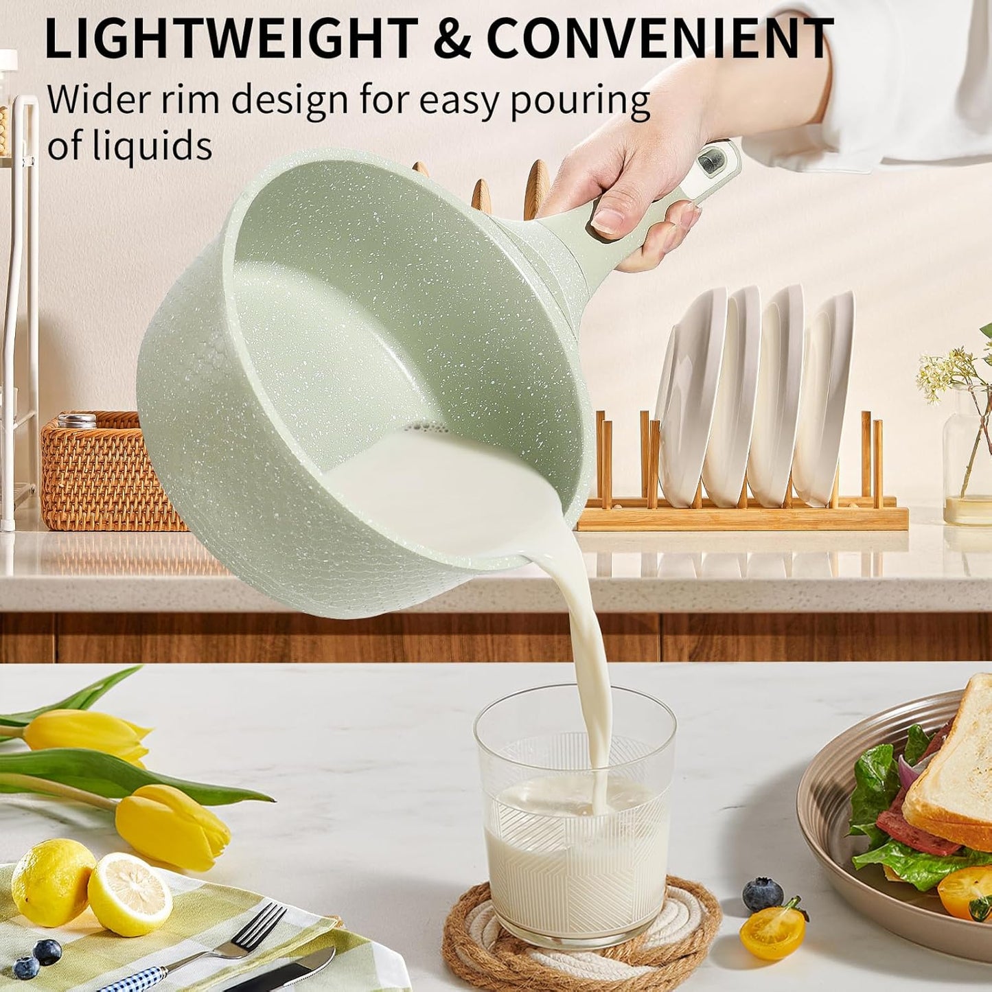 Green Granite Non-Stick 1.5Qt Sauce Pan with Lid - Induction Cookware for Cooking - PFOA PFAS Free