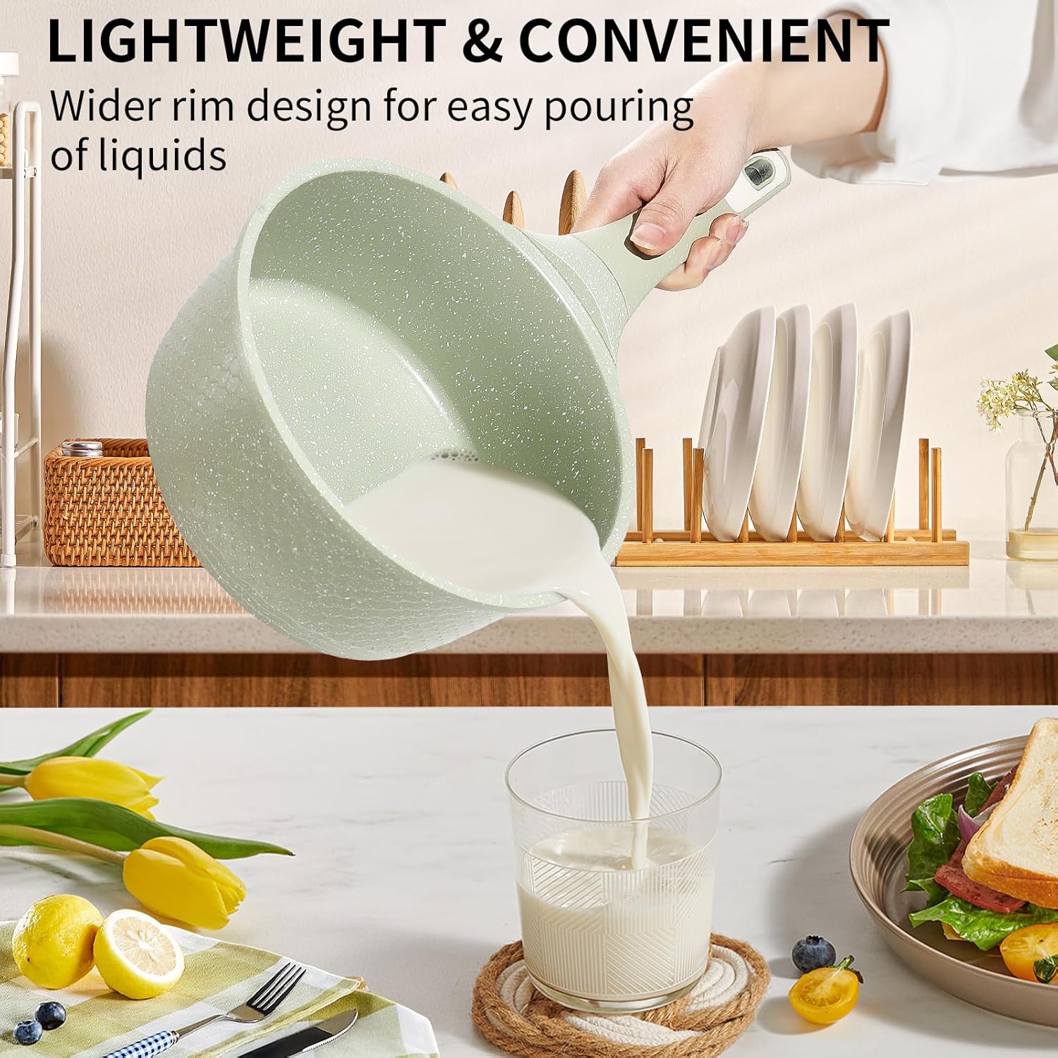 Green Granite Non-Stick 1.5Qt Sauce Pan with Lid - Induction Cookware for Cooking - PFOA PFAS Free