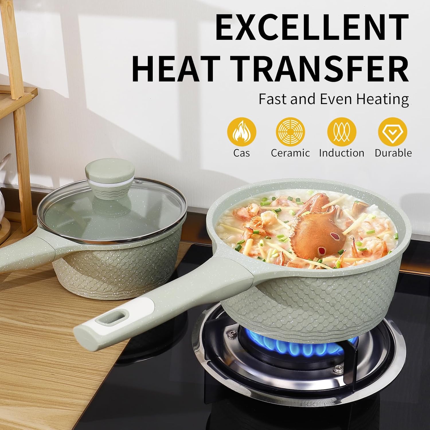 Green Granite Non-Stick 1.5Qt Sauce Pan with Lid - Induction Cookware for Cooking - PFOA PFAS Free