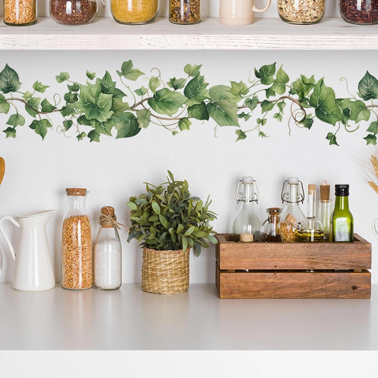 Green Leafy Vine Wall Stickers - Set of 4, sacinora Natural Plants Vinyl Decals for Living Room, Bedroom, Kitchen - DIY Peel and Stick Art Decor