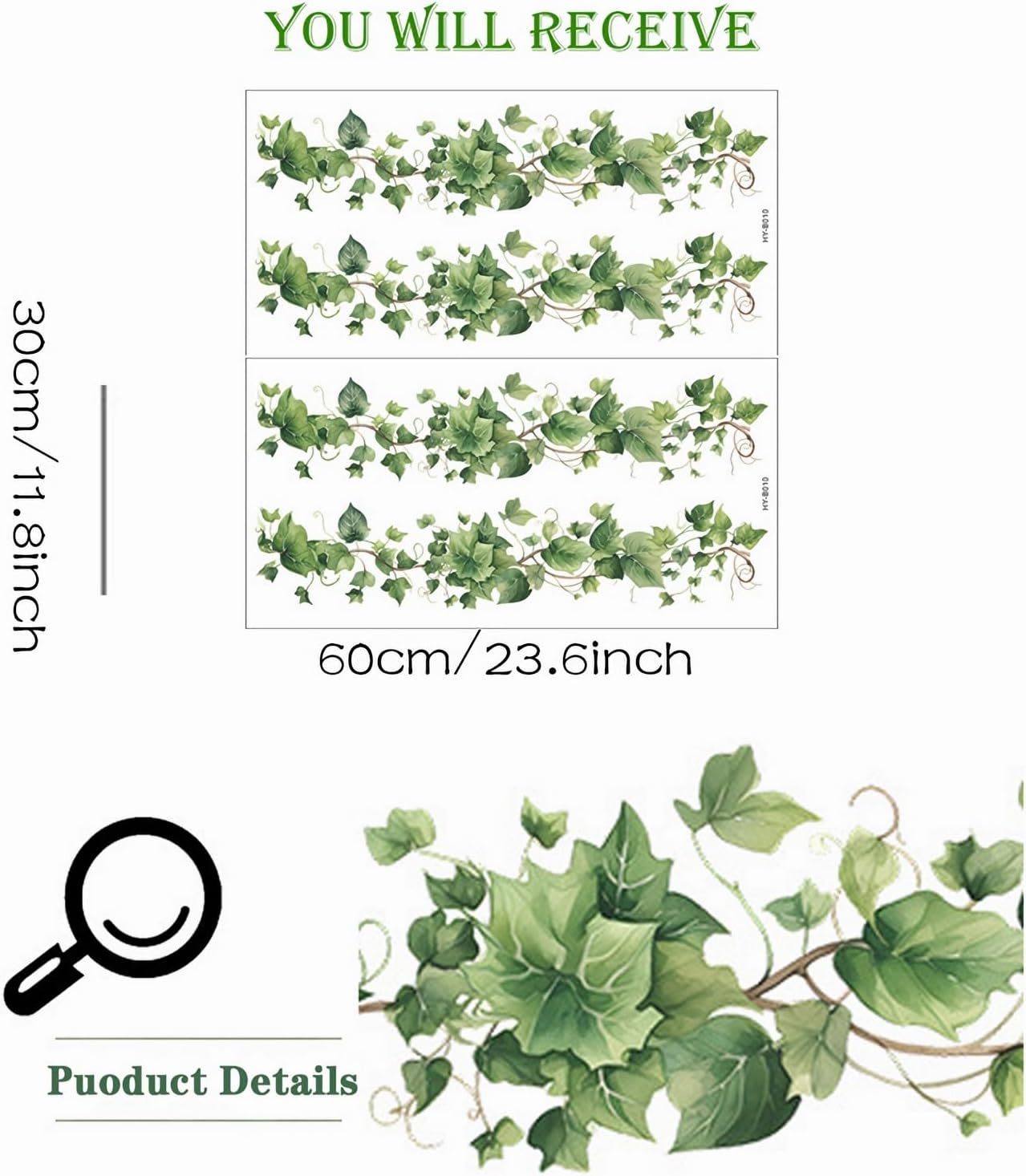 Green Leafy Vine Wall Stickers - Set of 4, sacinora Natural Plants Vinyl Decals for Living Room, Bedroom, Kitchen - DIY Peel and Stick Art Decor