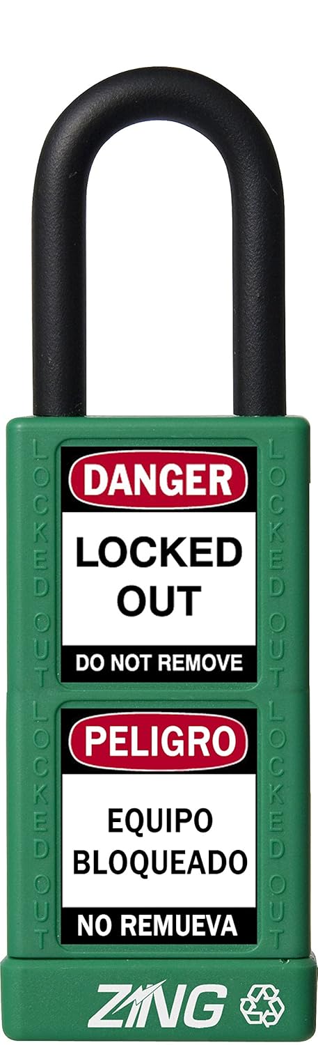 Green Recycled Safety Padlock with 1-1/2" Shackle, 3" Long Body - Keyed Alike ZING 7075