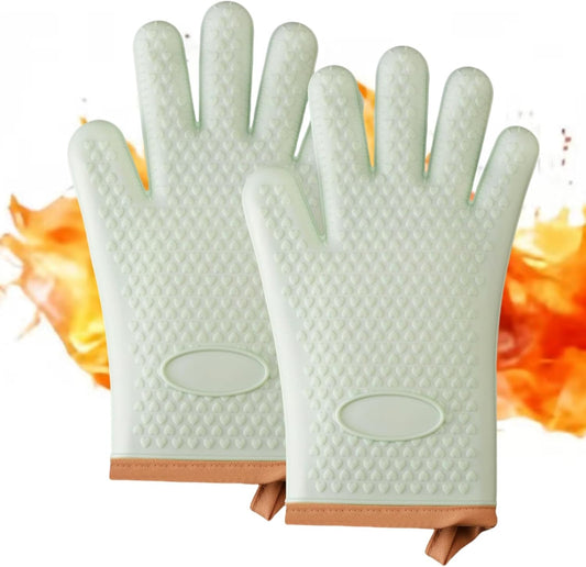 Green Silicone Oven Mitts and Pot Holders Set - Heat Resistant Kitchen Gloves for Grill, BBQ, Baking - 2 Pack