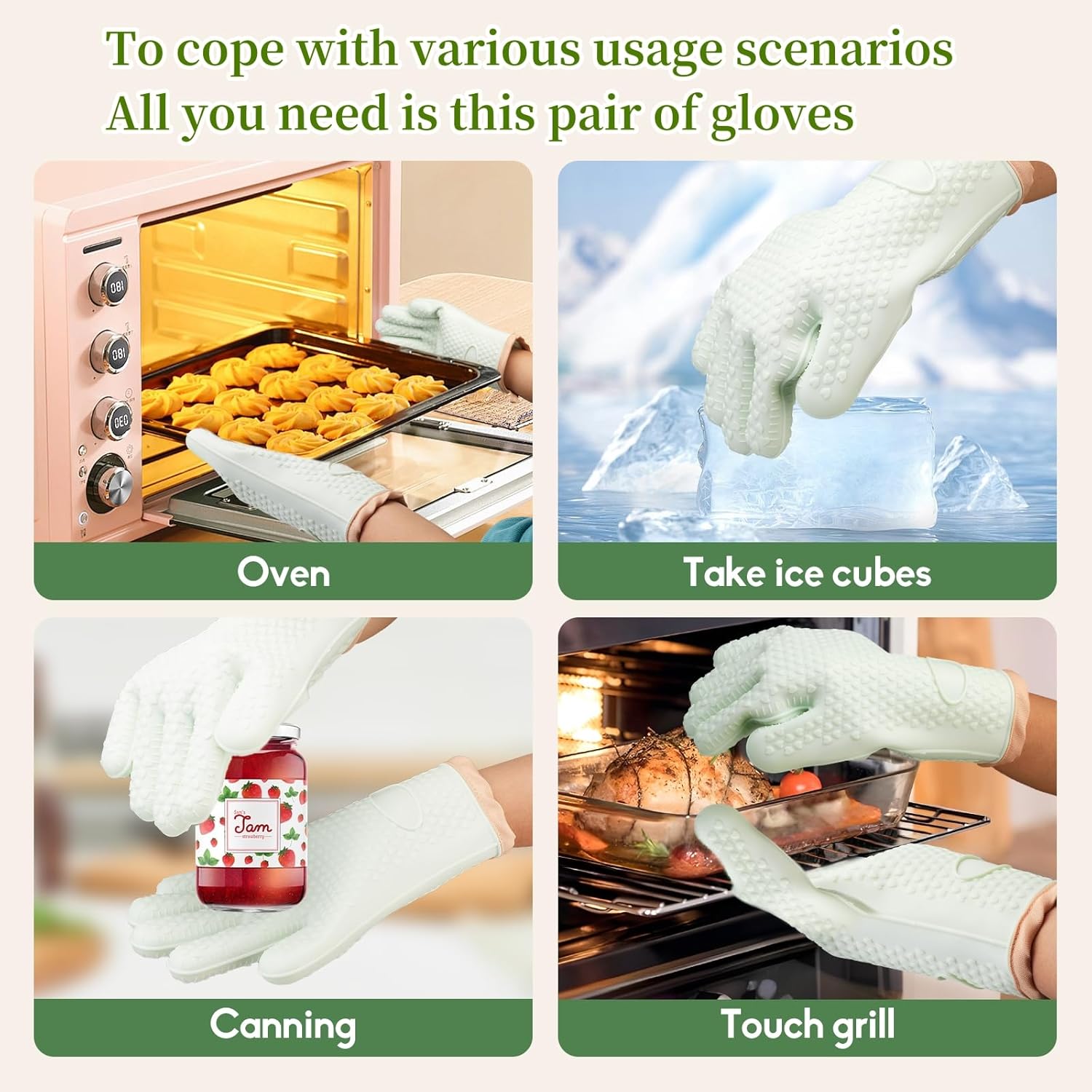 Green Silicone Oven Mitts and Pot Holders Set - Heat Resistant Kitchen Gloves for Grill, BBQ, Baking - 2 Pack