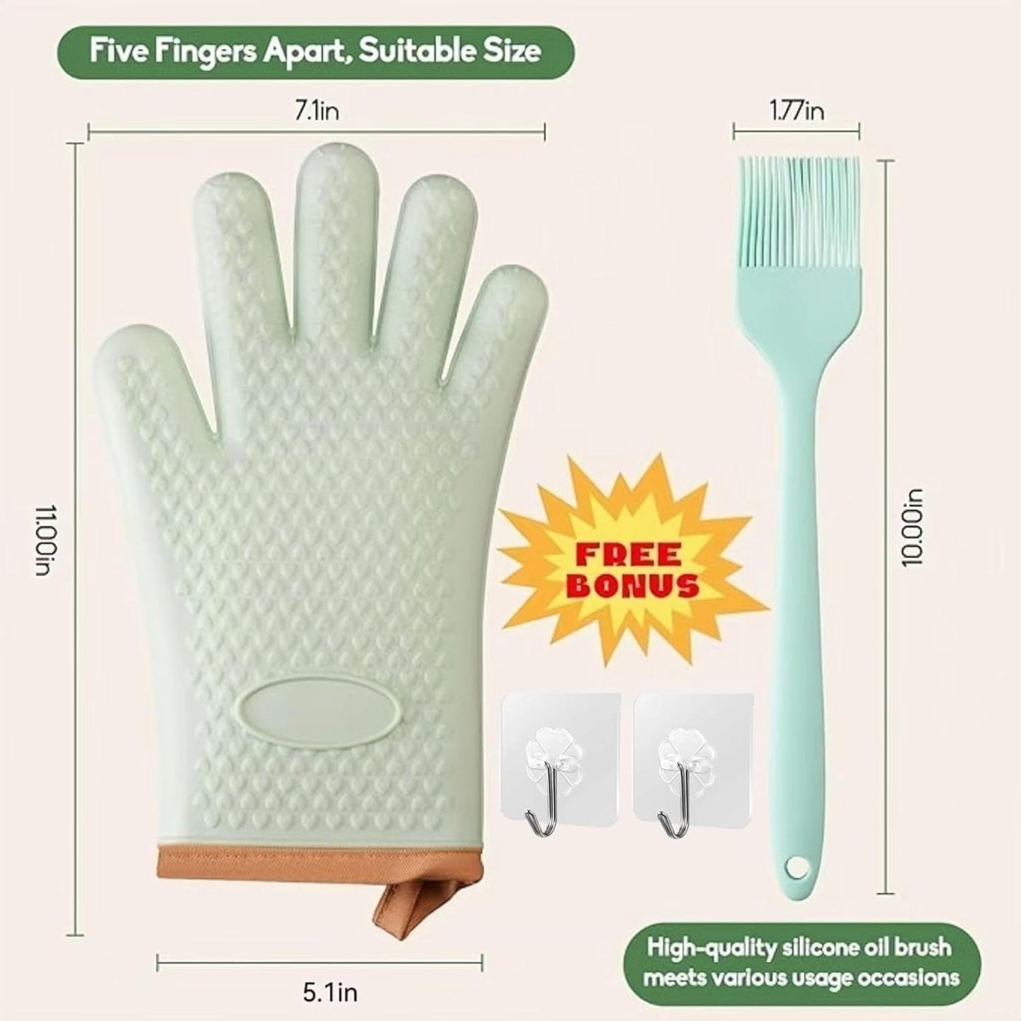 Green Silicone Oven Mitts and Pot Holders Set - Heat Resistant Kitchen Gloves for Grill, BBQ, Baking - 2 Pack
