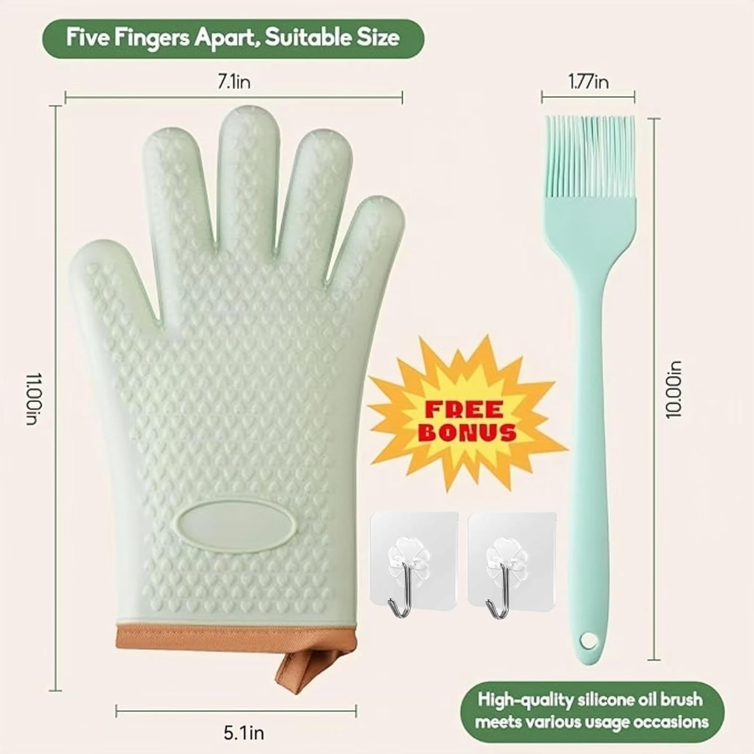 Green Silicone Oven Mitts and Pot Holders Set - Heat Resistant Kitchen Gloves for Grill, BBQ, Baking - 2 Pack
