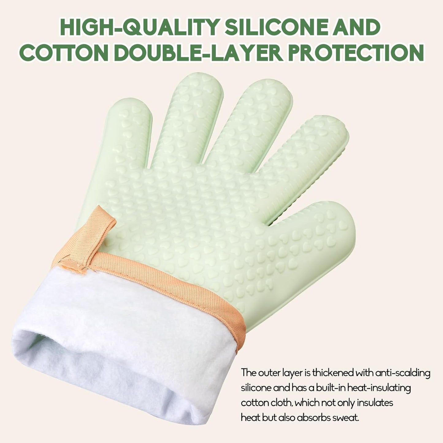 Green Silicone Oven Mitts and Pot Holders Set - Heat Resistant Kitchen Gloves for Grill, BBQ, Baking - 2 Pack