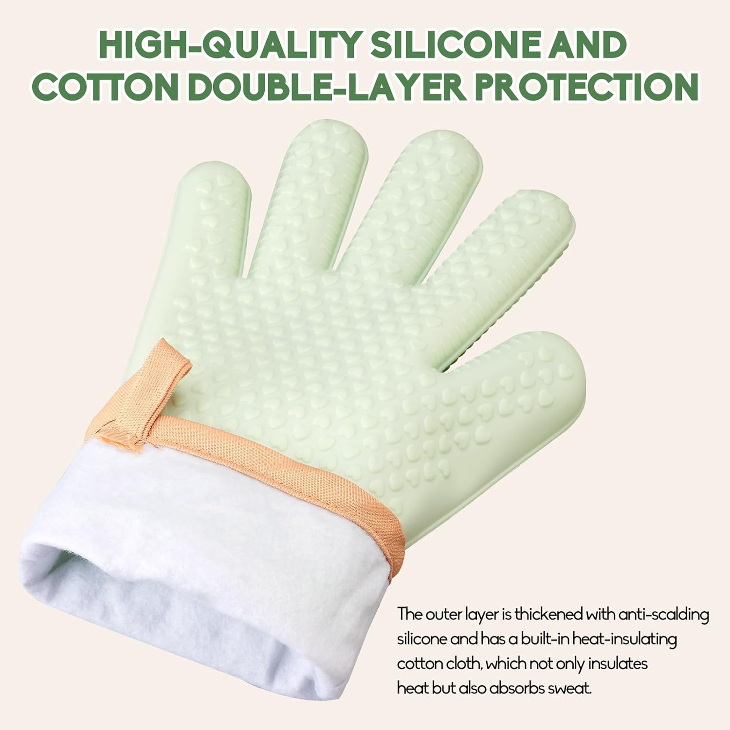 Green Silicone Oven Mitts and Pot Holders Set - Heat Resistant Kitchen Gloves for Grill, BBQ, Baking - 2 Pack