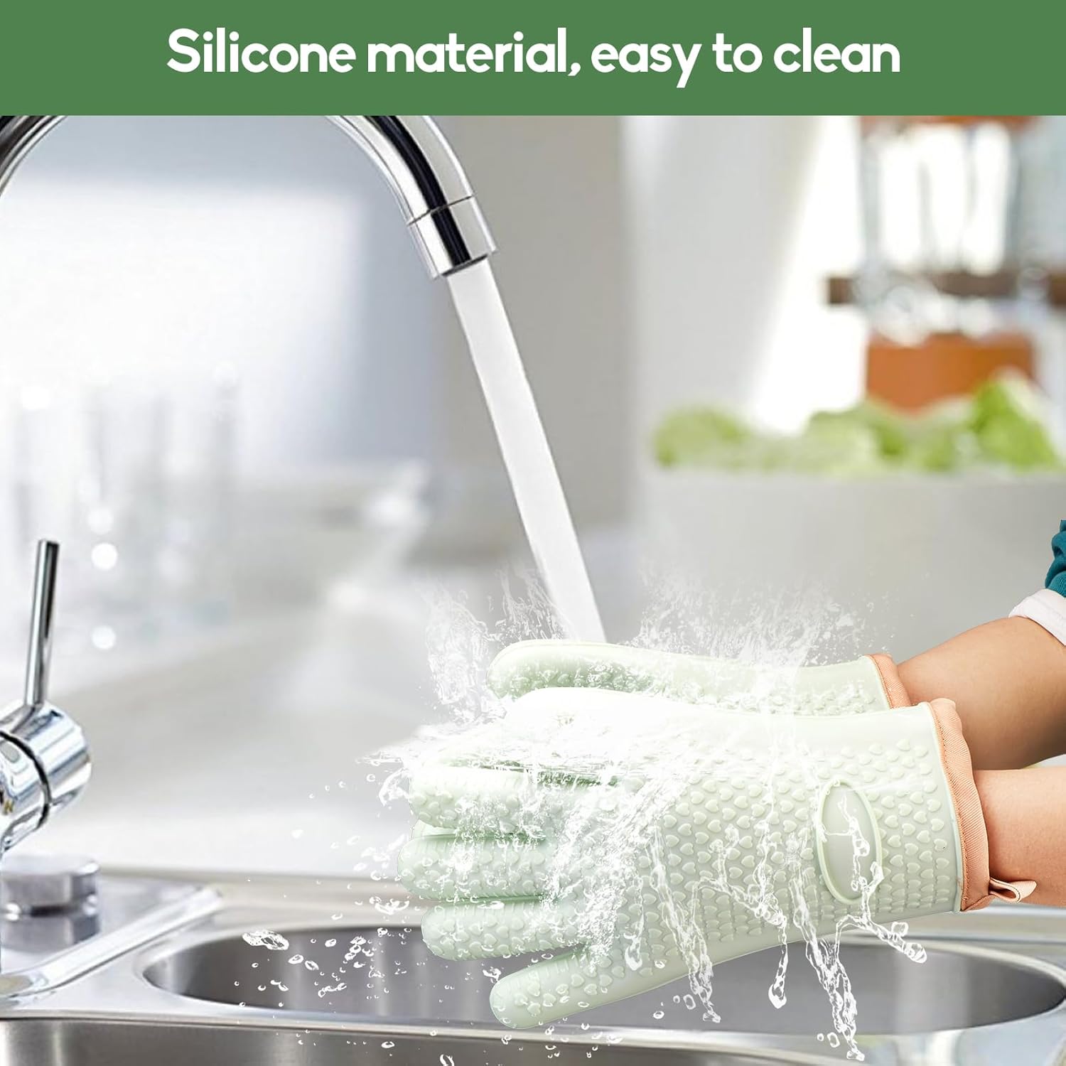 Green Silicone Oven Mitts and Pot Holders Set - Heat Resistant Kitchen Gloves for Grill, BBQ, Baking - 2 Pack