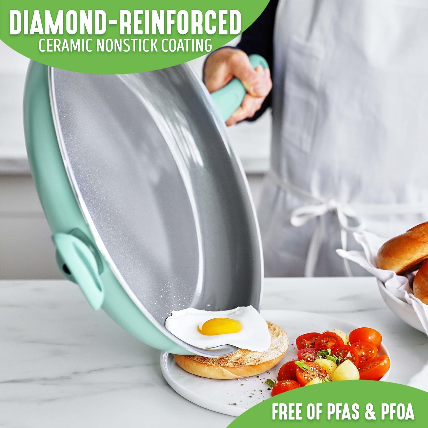 GreenLife 13" Frying Pan Skillet with Helper Handle, PFAS-Free & Dishwasher Safe - Turquoise Diamond Ceramic Nonstick