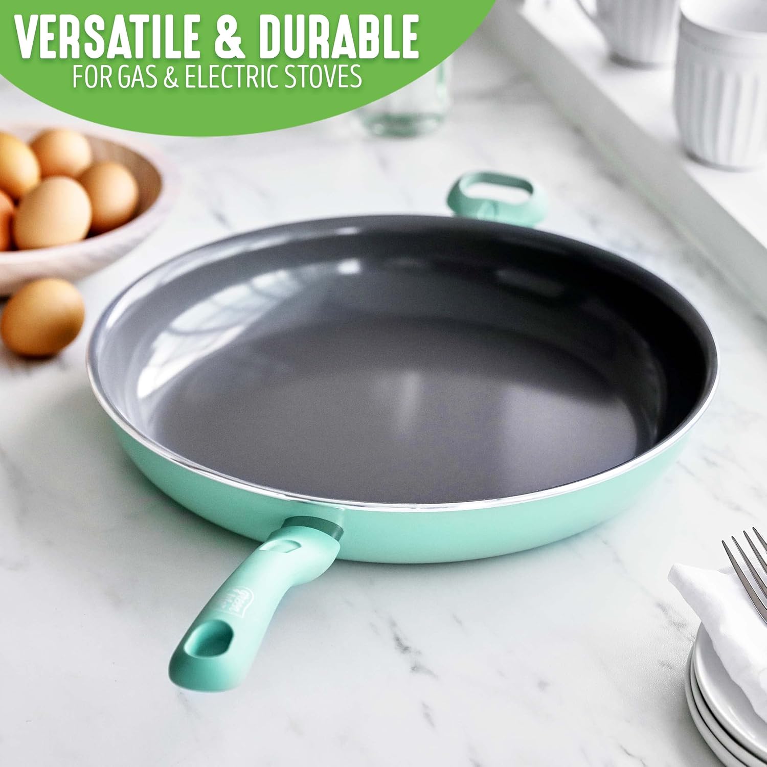 GreenLife 13" Frying Pan Skillet with Helper Handle, PFAS-Free & Dishwasher Safe - Turquoise Diamond Ceramic Nonstick