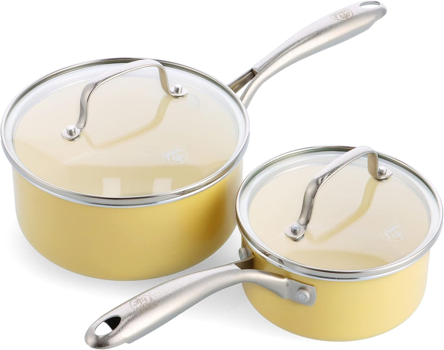 GreenLife Artisan Ceramic Nonstick Saucepan Set, 1QT and 2QT with Lids - Stainless Steel Handle, Induction Safe, PFAS-Free - Dishwasher & Oven Safe - Yellow