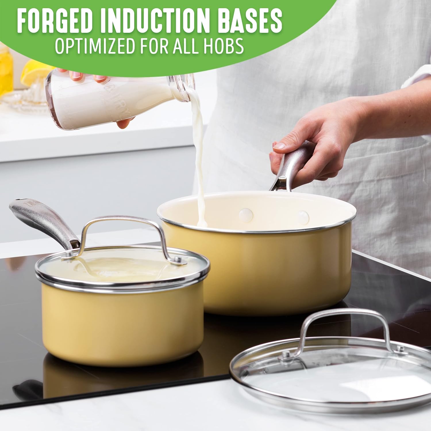 GreenLife Artisan Ceramic Nonstick Saucepan Set, 1QT and 2QT with Lids - Stainless Steel Handle, Induction Safe, PFAS-Free - Dishwasher & Oven Safe - Yellow