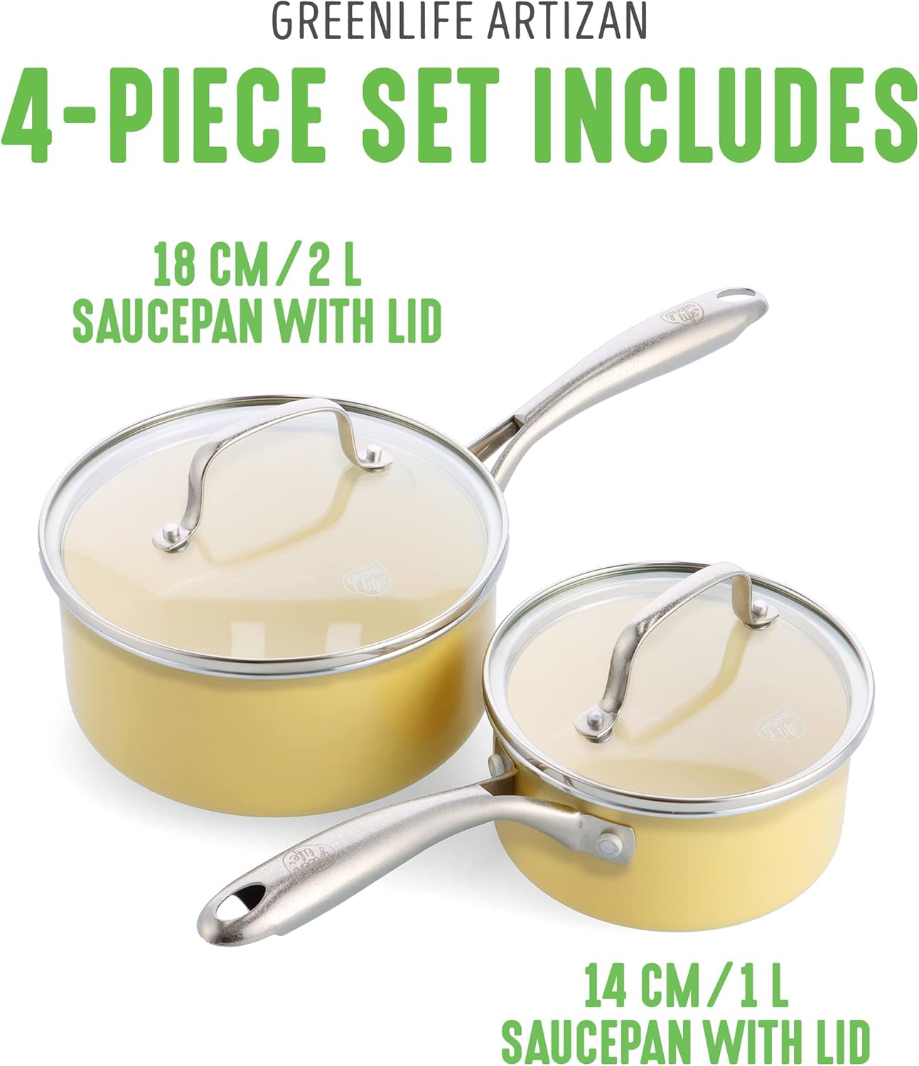 GreenLife Artisan Ceramic Nonstick Saucepan Set, 1QT and 2QT with Lids - Stainless Steel Handle, Induction Safe, PFAS-Free - Dishwasher & Oven Safe - Yellow