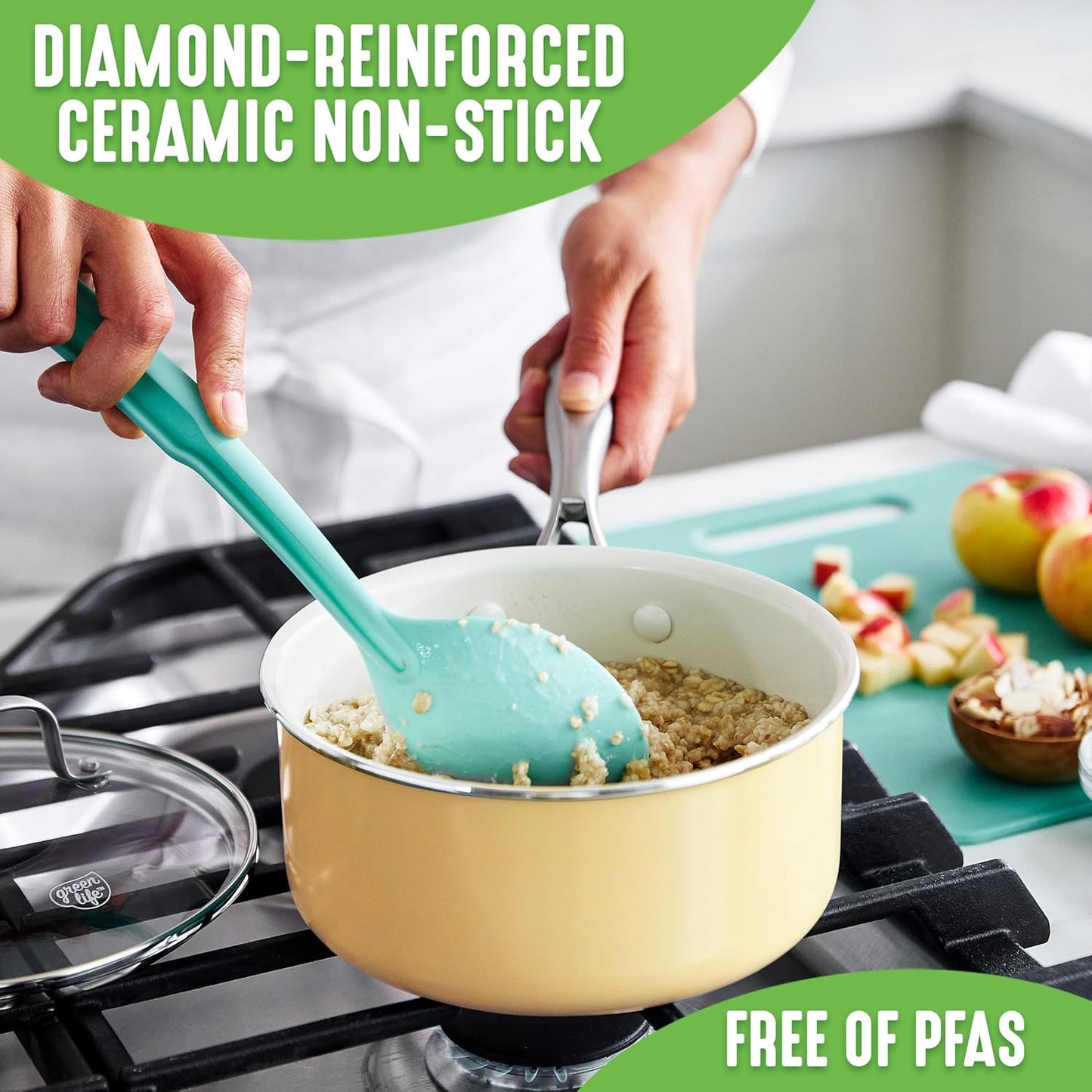 GreenLife Artisan Ceramic Nonstick Saucepan Set, 1QT and 2QT with Lids - Stainless Steel Handle, Induction Safe, PFAS-Free - Dishwasher & Oven Safe - Yellow