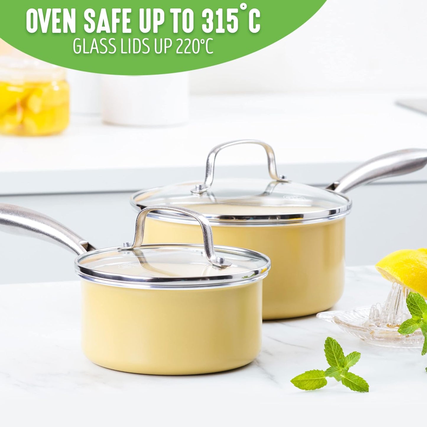 GreenLife Artisan Ceramic Nonstick Saucepan Set, 1QT and 2QT with Lids - Stainless Steel Handle, Induction Safe, PFAS-Free - Dishwasher & Oven Safe - Yellow