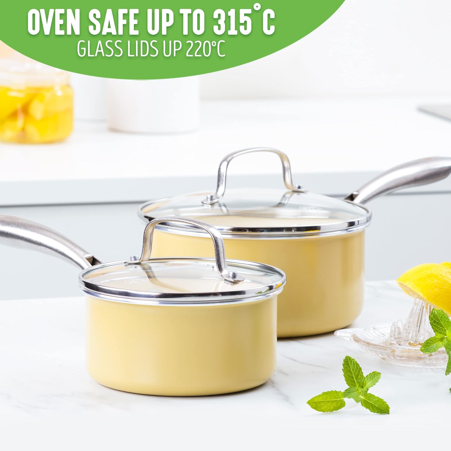 GreenLife Artisan Ceramic Nonstick Saucepan Set, 1QT and 2QT with Lids - Stainless Steel Handle, Induction Safe, PFAS-Free - Dishwasher & Oven Safe - Yellow