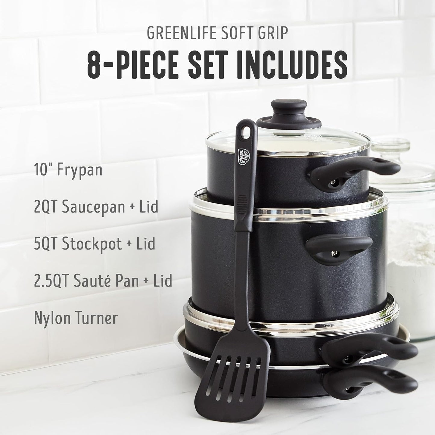 GreenLife Soft Grip 8-Piece Cookware Set with PFAS-Free Ceramic Nonstick Coating, Glass Lids, Stay-Cool Handles - Dishwasher & Oven Safe