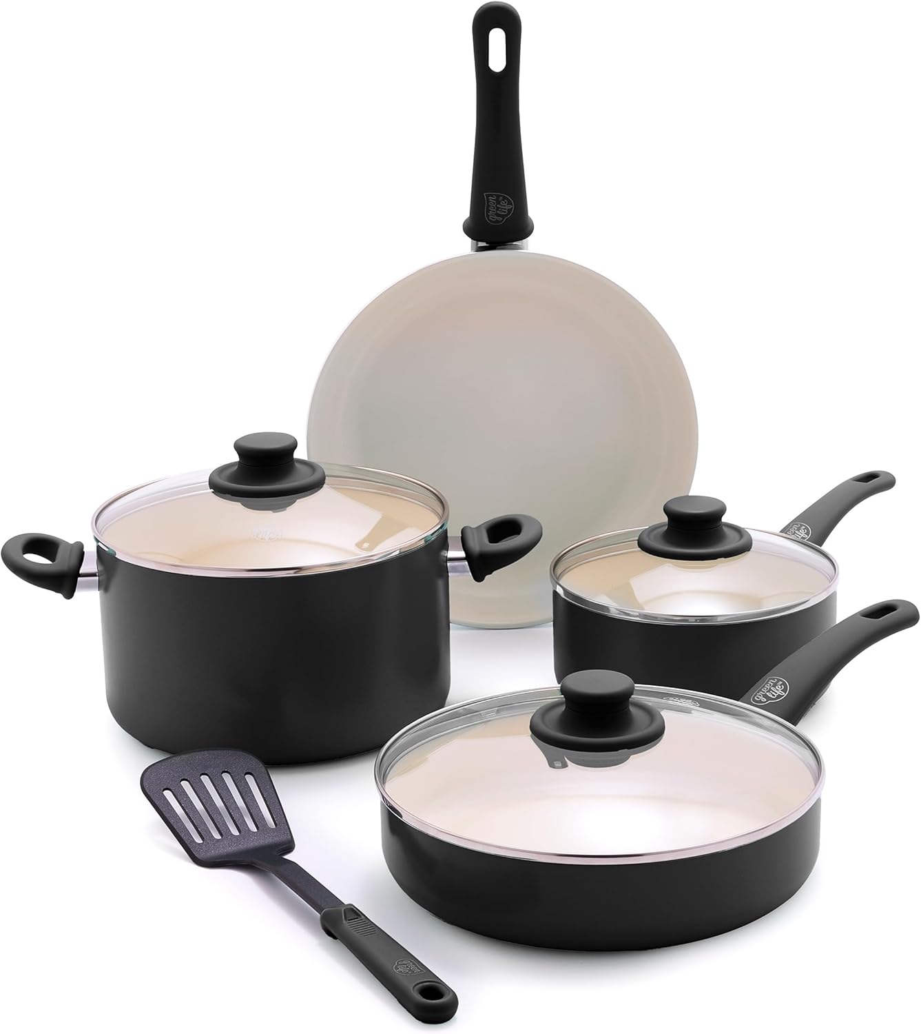 GreenLife Soft Grip Ceramic Nonstick Cookware Set - 8 Piece, PFAS-Free, Non-Toxic, with Glass Lids, Utensils, Stay-Cool Handles - Black, Dishwasher & Oven Safe