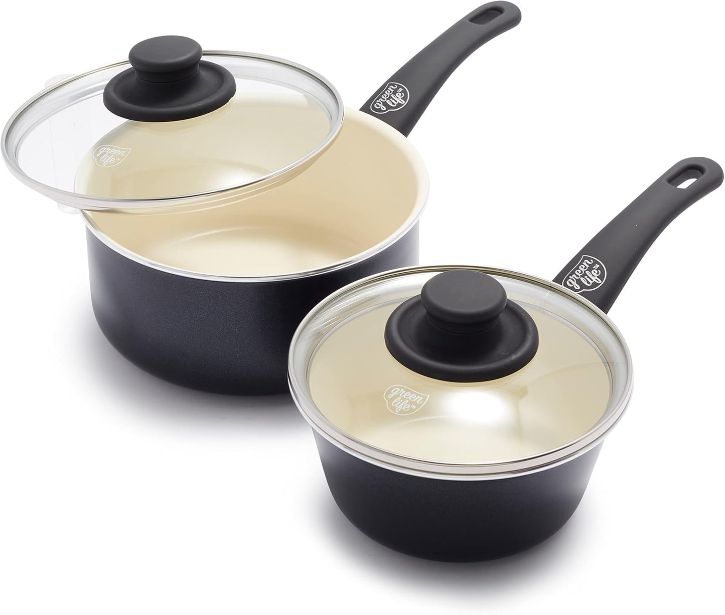 GreenLife Soft Grip Healthy Ceramic Nonstick Saucepan Set, 1QT & 2QT Pots with Lids, PFAS-Free, Dishwasher Safe - Black/Cream