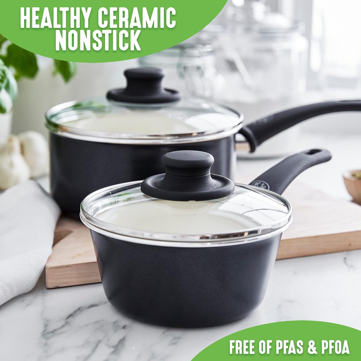 GreenLife Soft Grip Healthy Ceramic Nonstick Saucepan Set, 1QT & 2QT Pots with Lids, PFAS-Free, Dishwasher Safe - Black/Cream