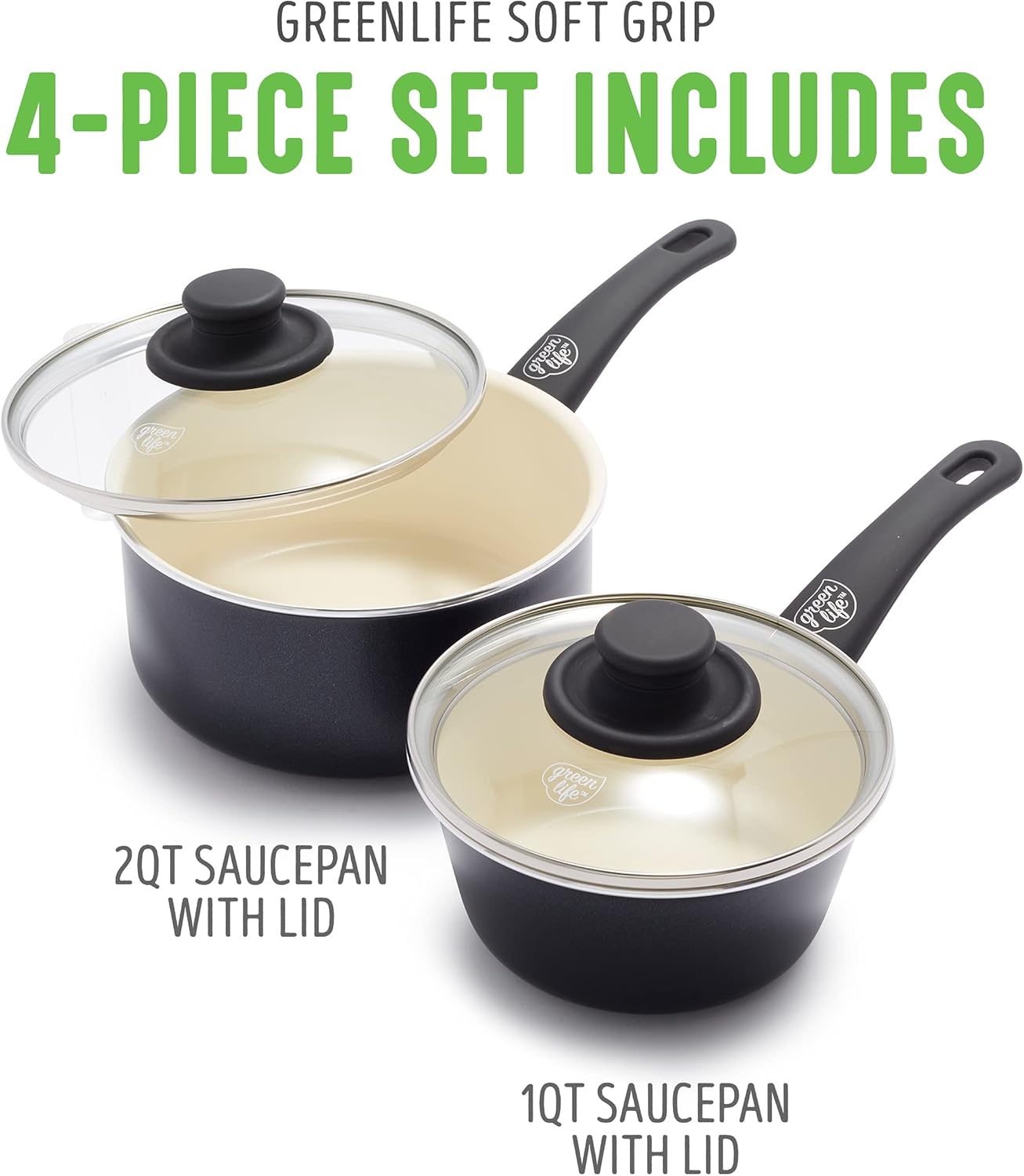 GreenLife Soft Grip Healthy Ceramic Nonstick Saucepan Set, 1QT & 2QT Pots with Lids, PFAS-Free, Dishwasher Safe - Black/Cream