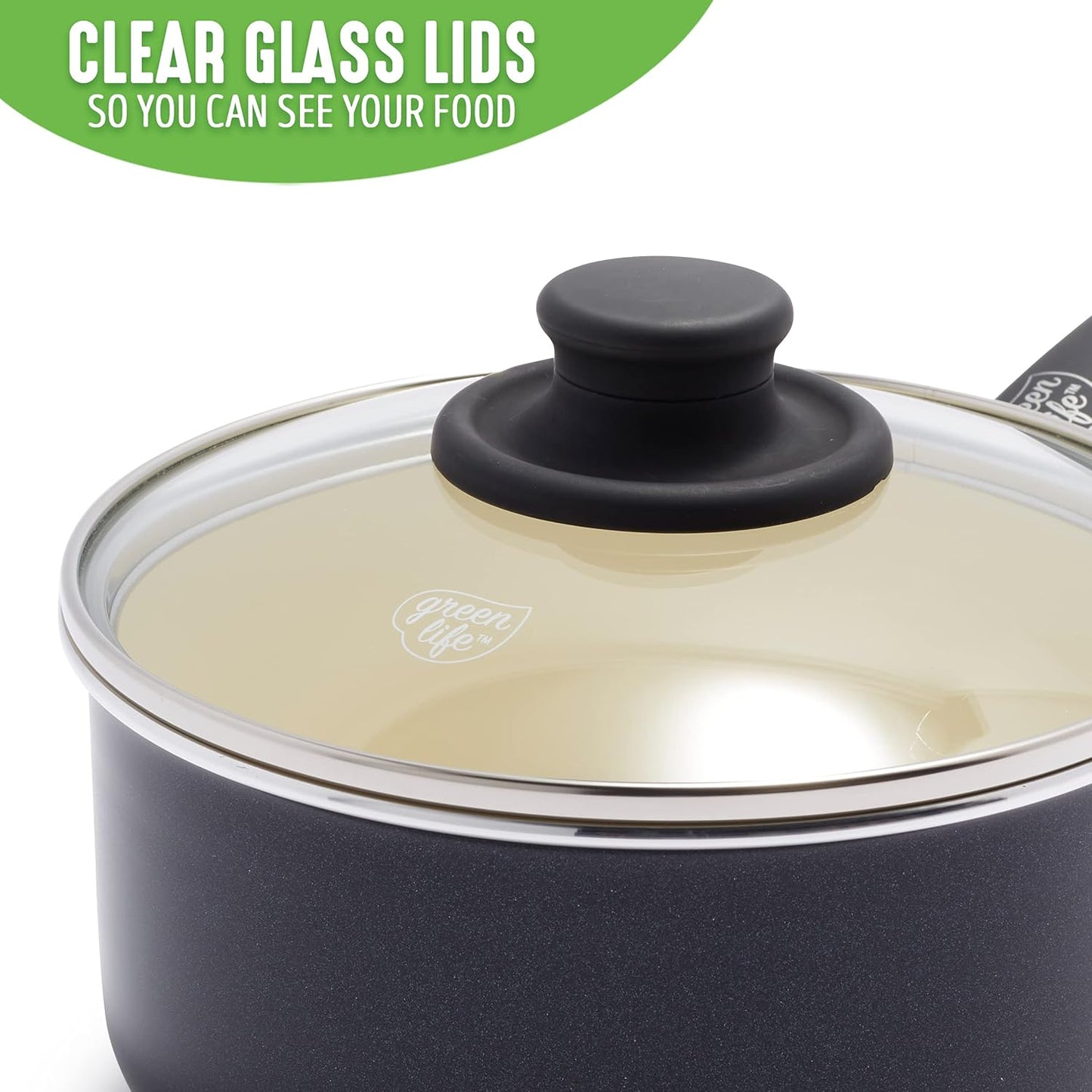 GreenLife Soft Grip Healthy Ceramic Nonstick Saucepan Set, 1QT & 2QT Pots with Lids, PFAS-Free, Dishwasher Safe - Black/Cream