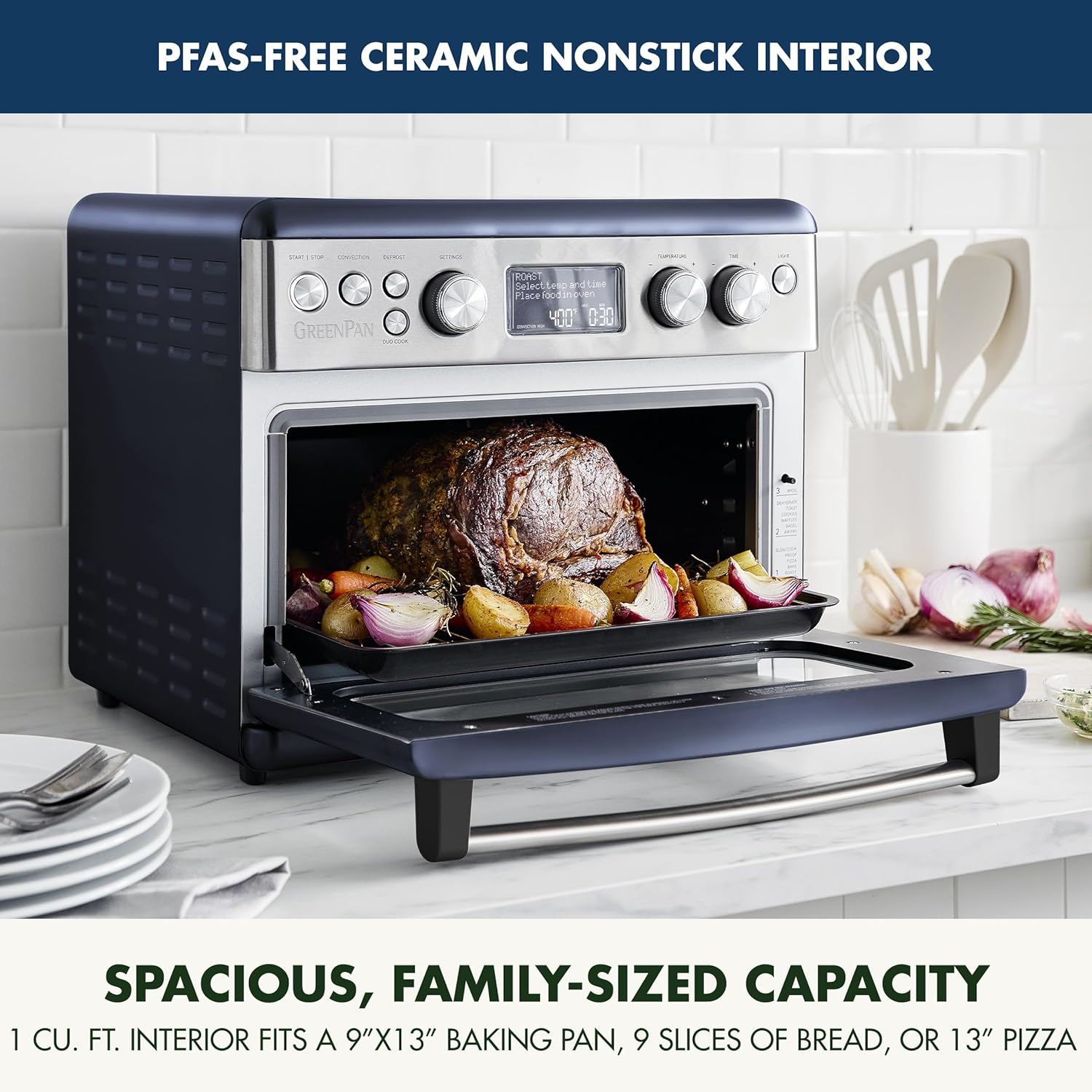 GreenPan 13-in-1 Elite Countertop Convection Oven with Air Fryer, PFAS-Free Ceramic Tray, Adjustable Racks, Multifunction Presets, Toaster, Bake, Broil, Roast, Proof, Dehydrate - Oxford Blue