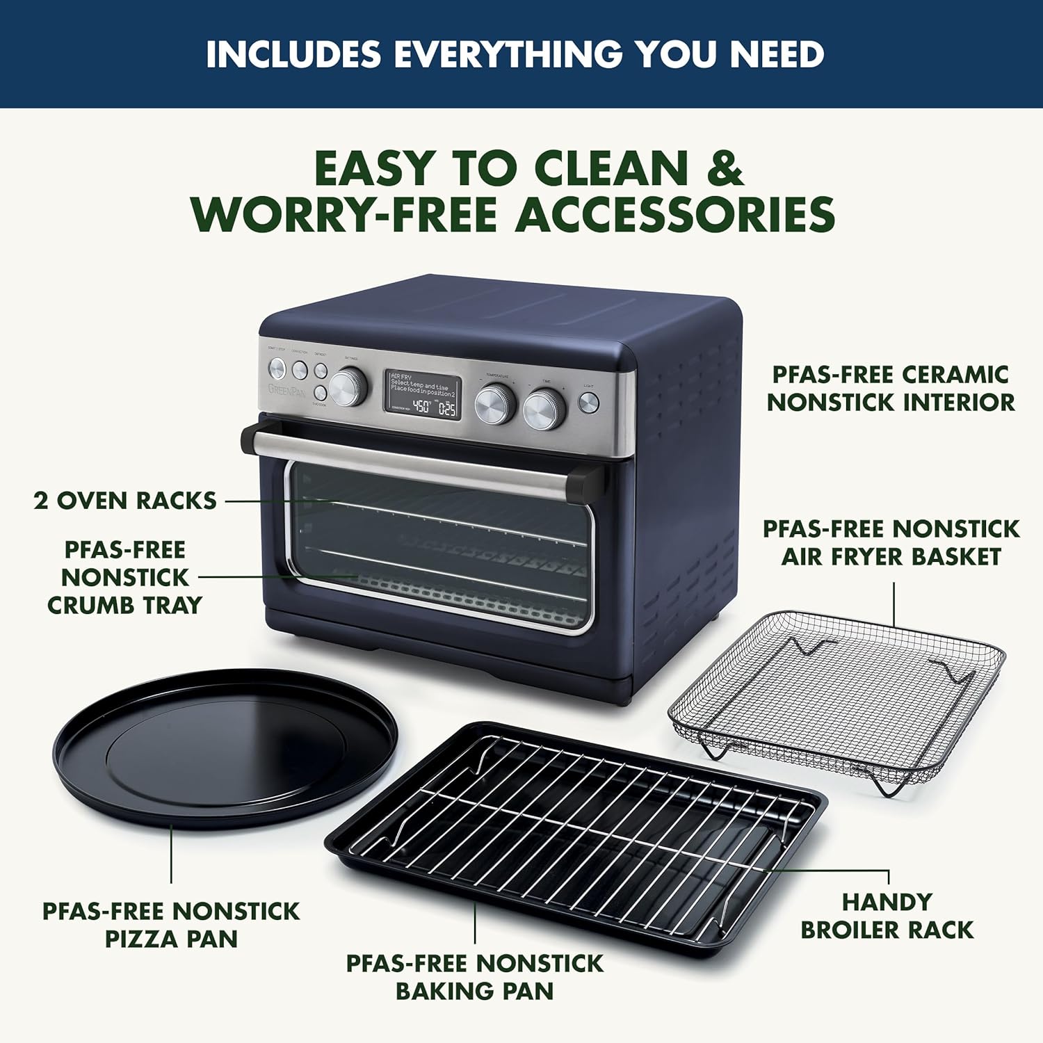 GreenPan 13-in-1 Elite Countertop Convection Oven with Air Fryer, PFAS-Free Ceramic Tray, Adjustable Racks, Multifunction Presets, Toaster, Bake, Broil, Roast, Proof, Dehydrate - Oxford Blue
