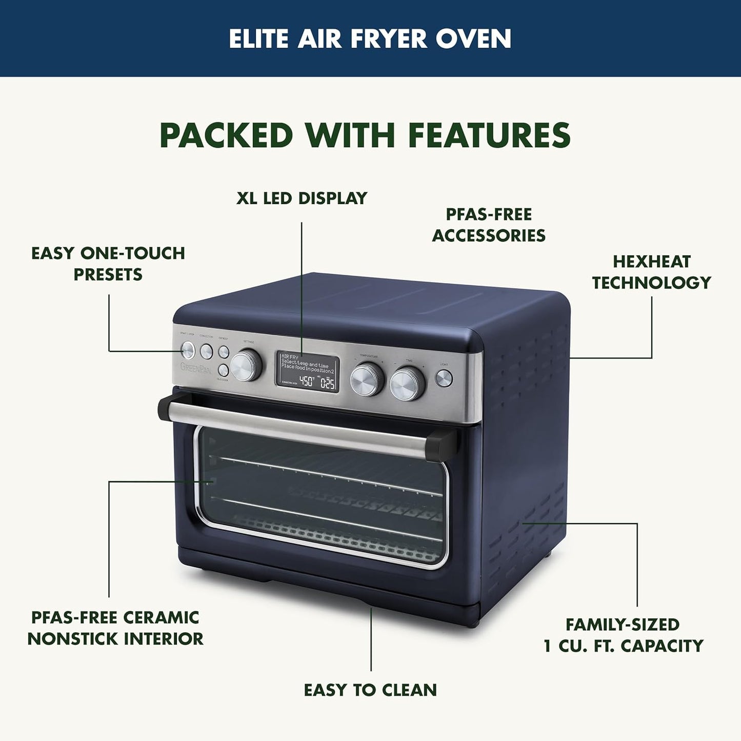 GreenPan 13-in-1 Elite Countertop Convection Oven with Air Fryer, PFAS-Free Ceramic Tray, Adjustable Racks, Multifunction Presets, Toaster, Bake, Broil, Roast, Proof, Dehydrate - Oxford Blue