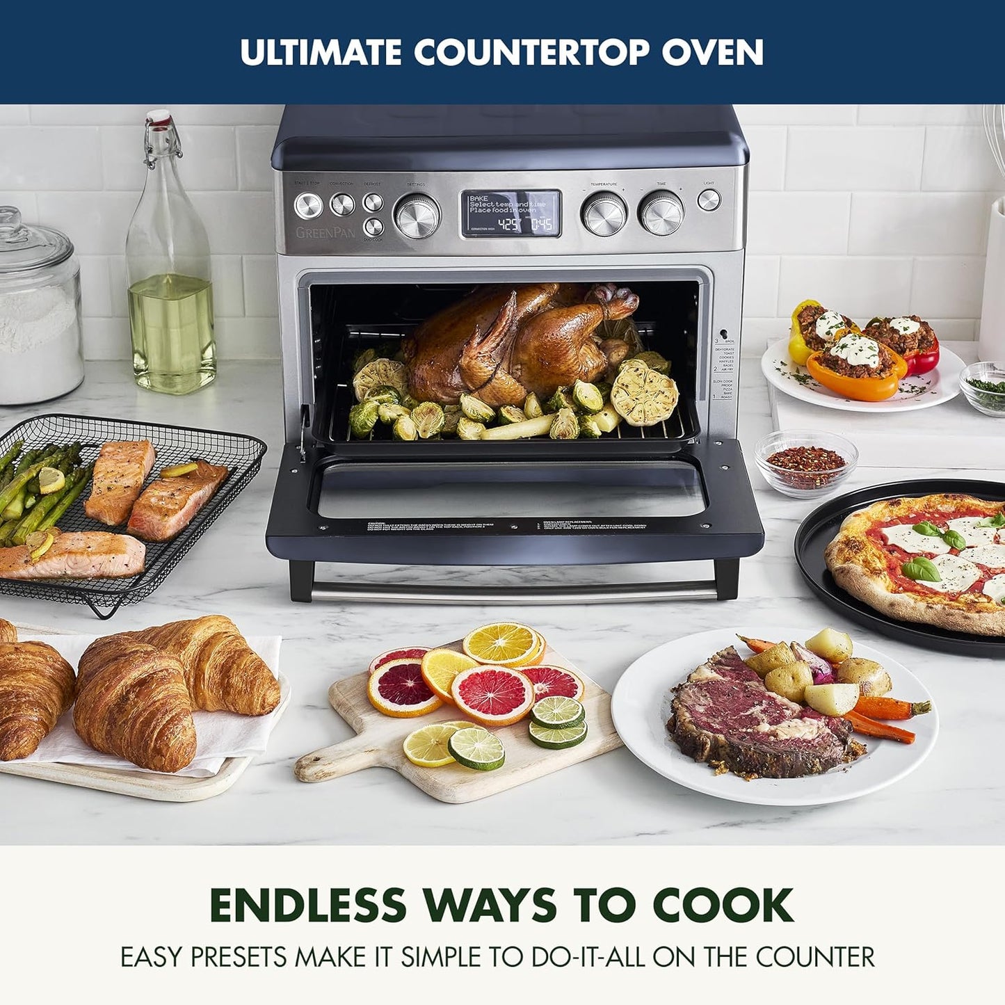 GreenPan 13-in-1 Elite Countertop Convection Oven with Air Fryer, PFAS-Free Ceramic Tray, Adjustable Racks, Multifunction Presets, Toaster, Bake, Broil, Roast, Proof, Dehydrate - Oxford Blue