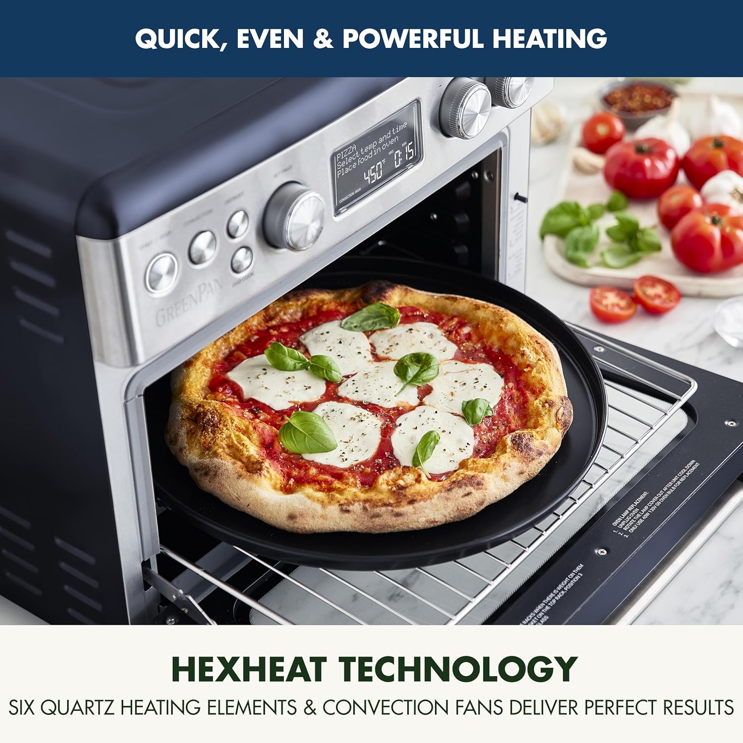 GreenPan 13-in-1 Elite Countertop Convection Oven with Air Fryer, PFAS-Free Ceramic Tray, Adjustable Racks, Multifunction Presets, Toaster, Bake, Broil, Roast, Proof, Dehydrate - Oxford Blue